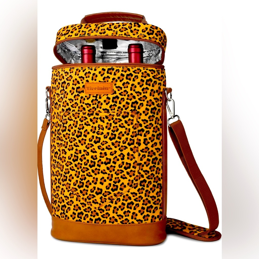 Tirrinia Wine Gift Tote; Cheetah, PU Leather, 2 Bottle Insulated Carrier